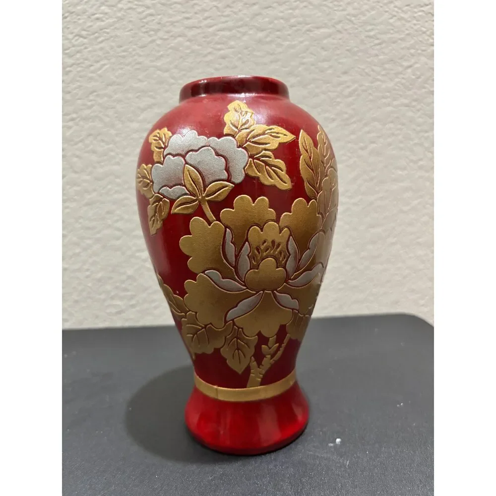 Red and Gold Ceramic Floral Vase